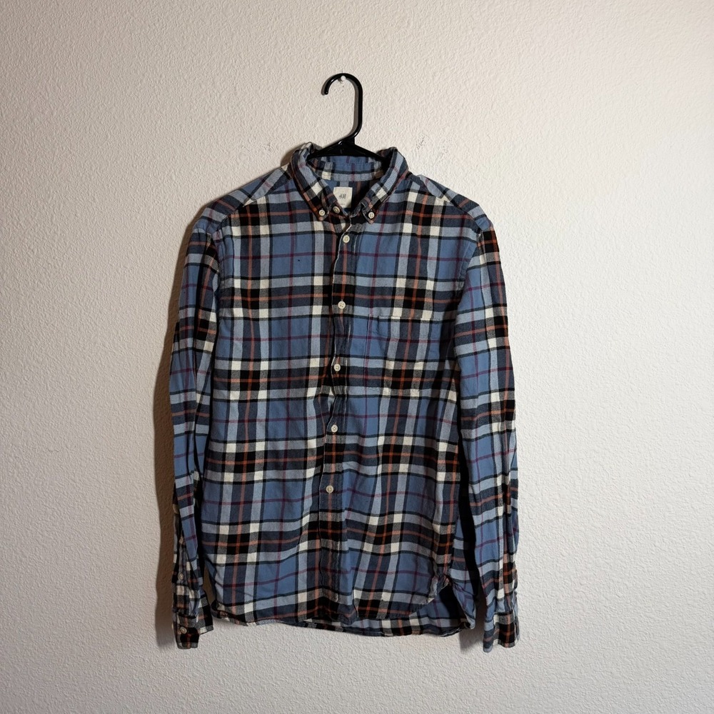 H&M Flannel Shirt Mens Multicolor Plaid Cotton‎ Back Box Locker Loop Button Down